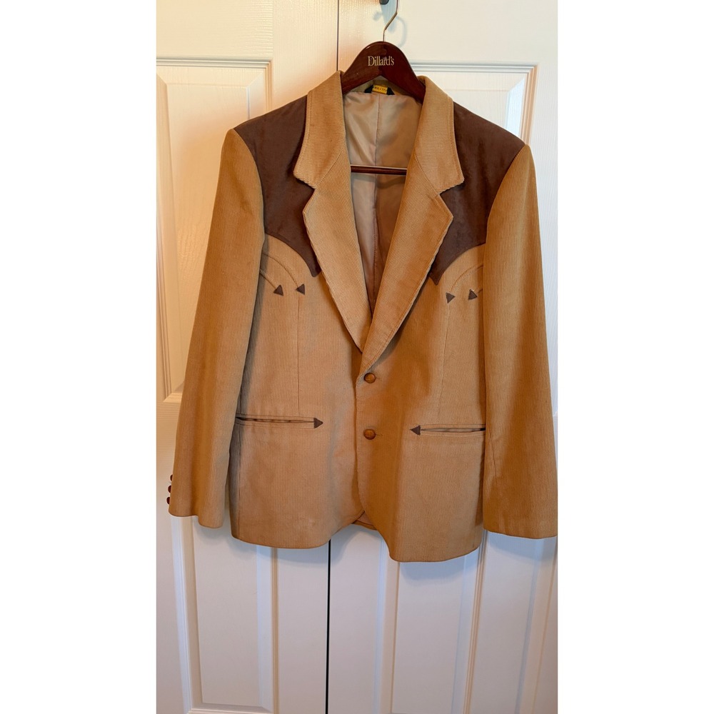 Vintage 70s Pioneer Wear Mens Tan Corduroy Western Blazer Suede Yoke Size 46